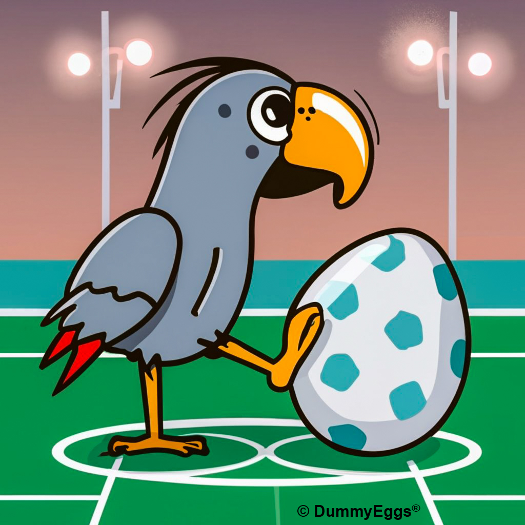 An African Grey parrot kicks a large white egg with soccer pattern on a sports field, cartoon
